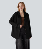 Hooded Drawstring Long Sleeve Curved Hem Casual Sweatshirt with Pocket — Black — view 9