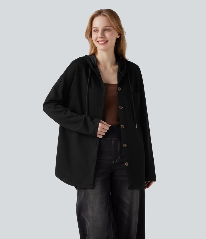 Hooded Drawstring Long Sleeve Curved Hem Casual Sweatshirt with Pocket — Black — view 9