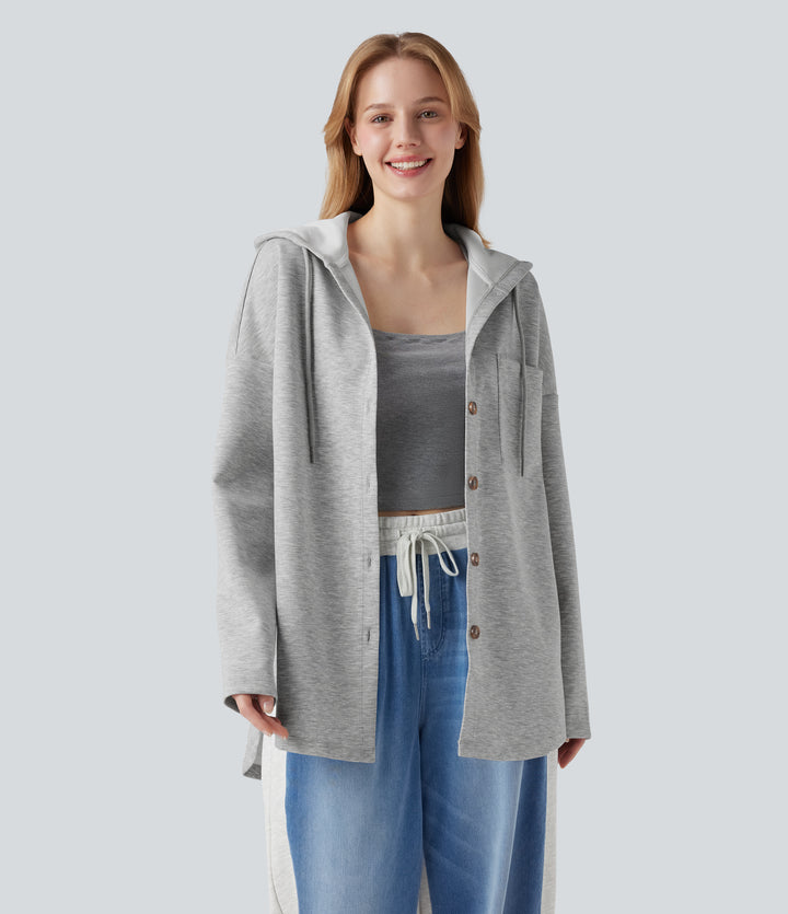 Hooded Drawstring Long Sleeve Curved Hem Casual Sweatshirt with Pocket — Fog Gray — view 1