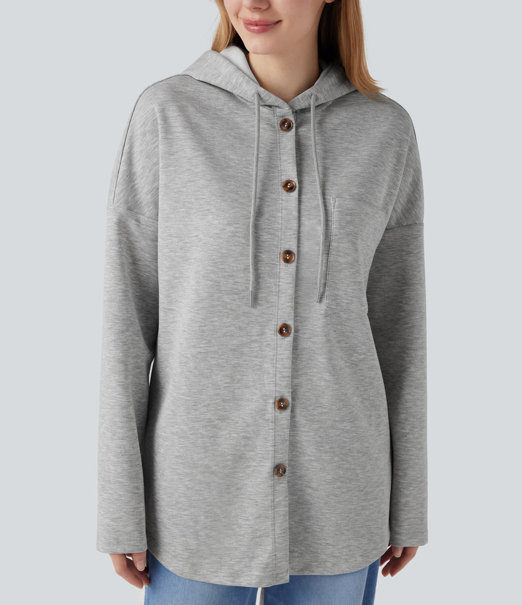 Hooded Drawstring Long Sleeve Curved Hem Casual Sweatshirt with Pocket — Fog Gray — view 5