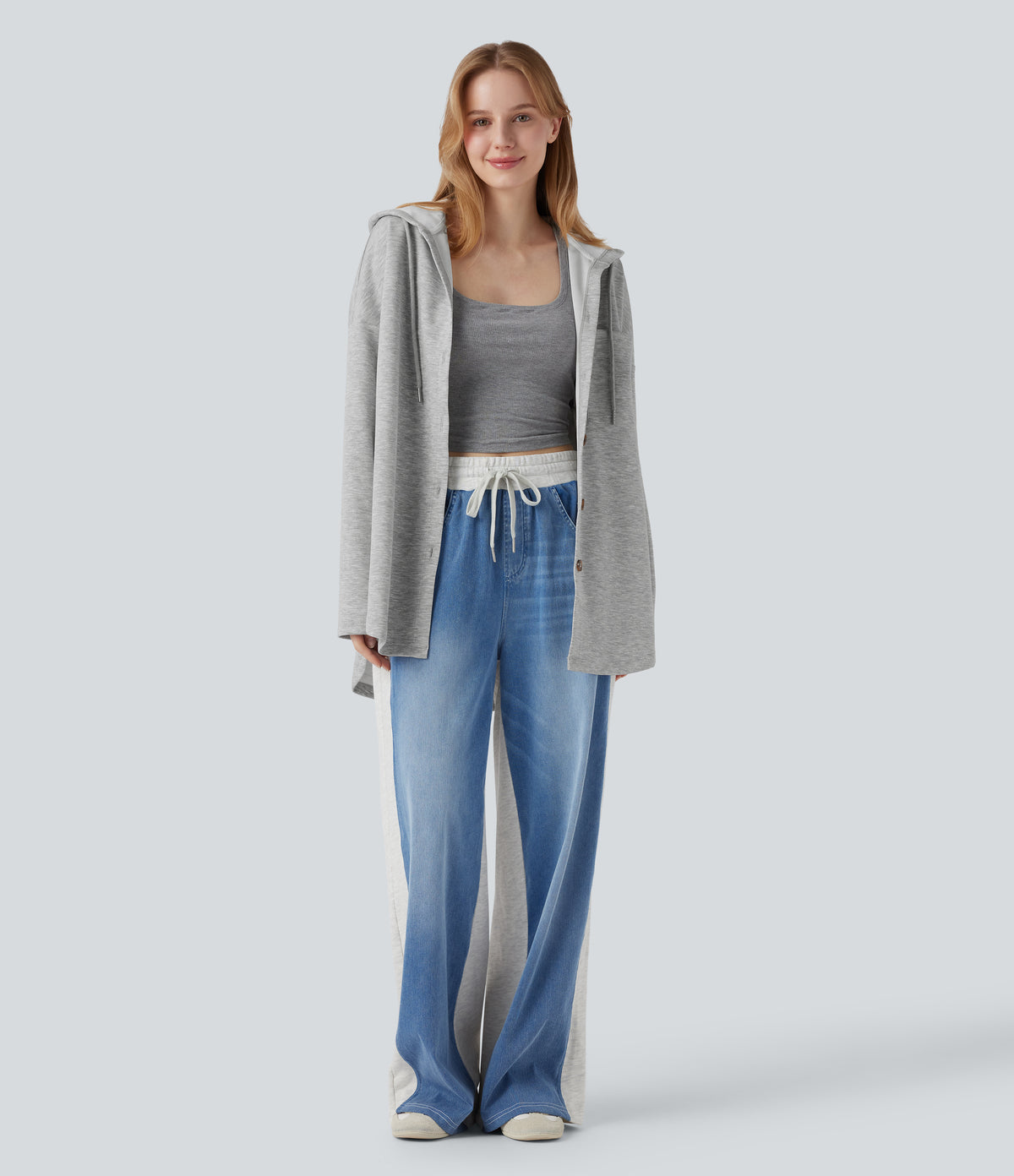 Hooded Drawstring Long Sleeve Curved Hem Casual Sweatshirt with Pocket — Fog Gray — view 8