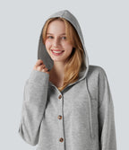 Hooded Drawstring Long Sleeve Curved Hem Casual Sweatshirt with Pocket — Fog Gray — view 4