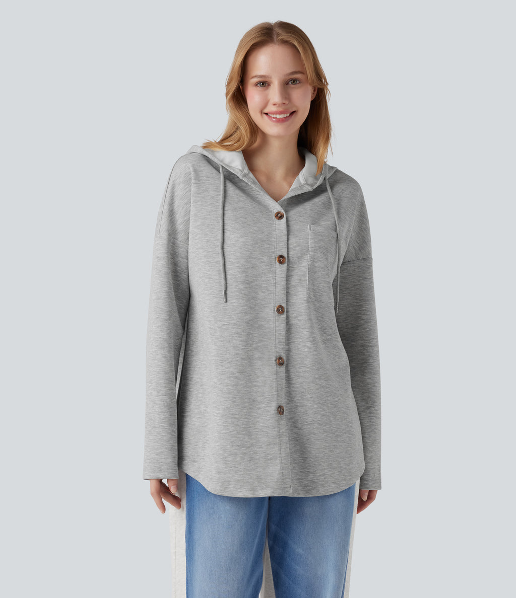 Hooded Drawstring Long Sleeve Curved Hem Casual Sweatshirt with Pocket — Fog Gray — view 7