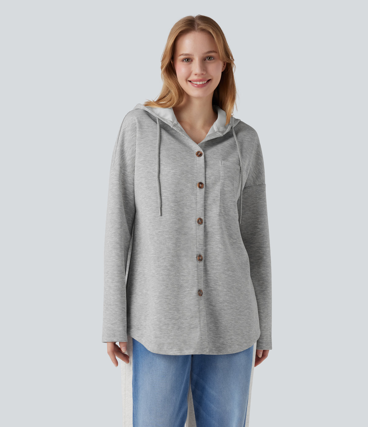 Hooded Drawstring Long Sleeve Curved Hem Casual Sweatshirt with Pocket — Fog Gray — view 7