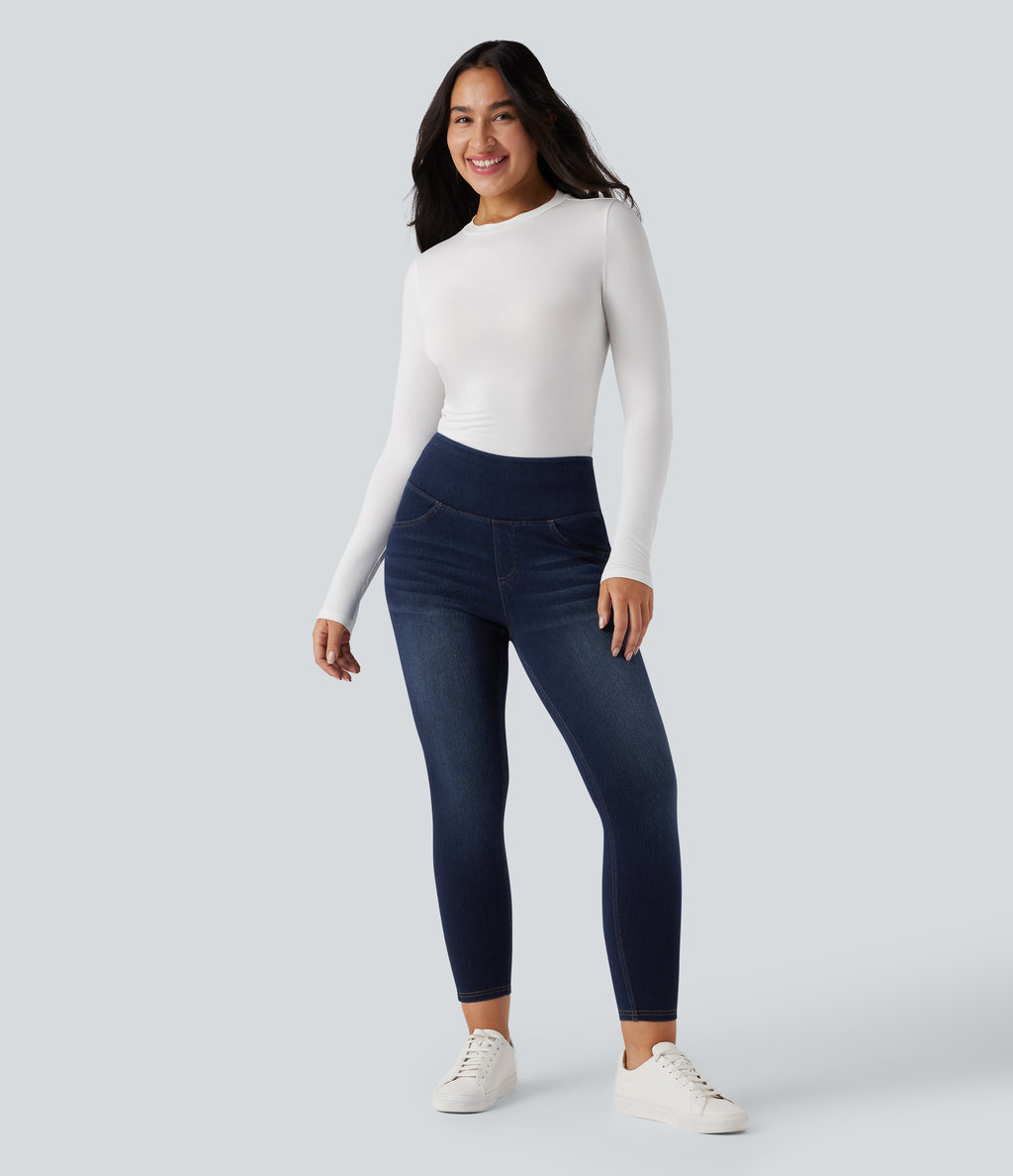High Waisted Tummy Control Butt Lifting Denim Casual Leggings with Pockets — Pageant Blue Denim — view 6