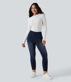 High Waisted Tummy Control Butt Lifting Denim Casual Leggings with Pockets — Pageant Blue Denim — view 6