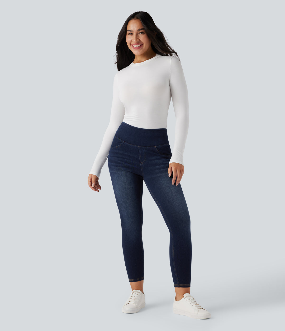 High Waisted Tummy Control Butt Lifting Denim Casual Leggings with Pockets — Pageant Blue Denim — view 6