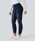 High Waisted Tummy Control Butt Lifting Denim Casual Leggings with Pockets — Pageant Blue Denim — view 3