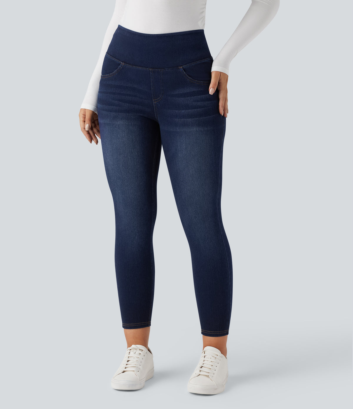 High Waisted Tummy Control Butt Lifting Denim Casual Leggings with Pockets — Pageant Blue Denim — view 2