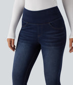 High Waisted Tummy Control Butt Lifting Denim Casual Leggings with Pockets — Pageant Blue Denim — view 5