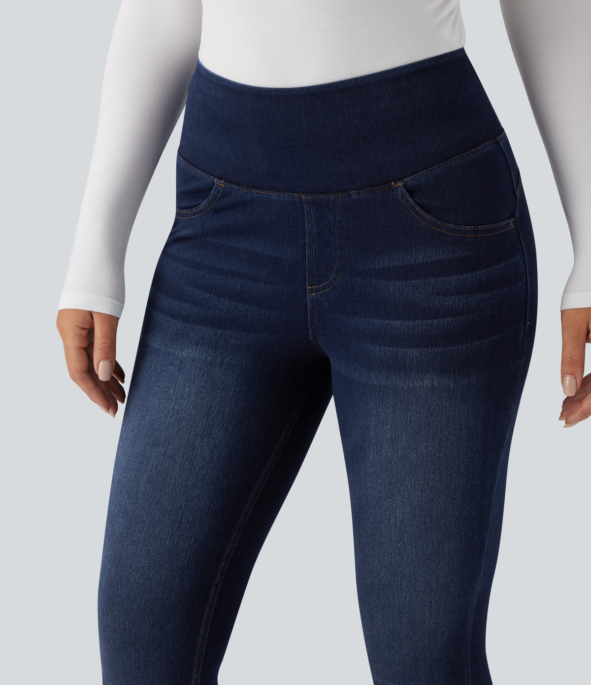 High Waisted Tummy Control Butt Lifting Denim Casual Leggings with Pockets — Pageant Blue Denim — view 5