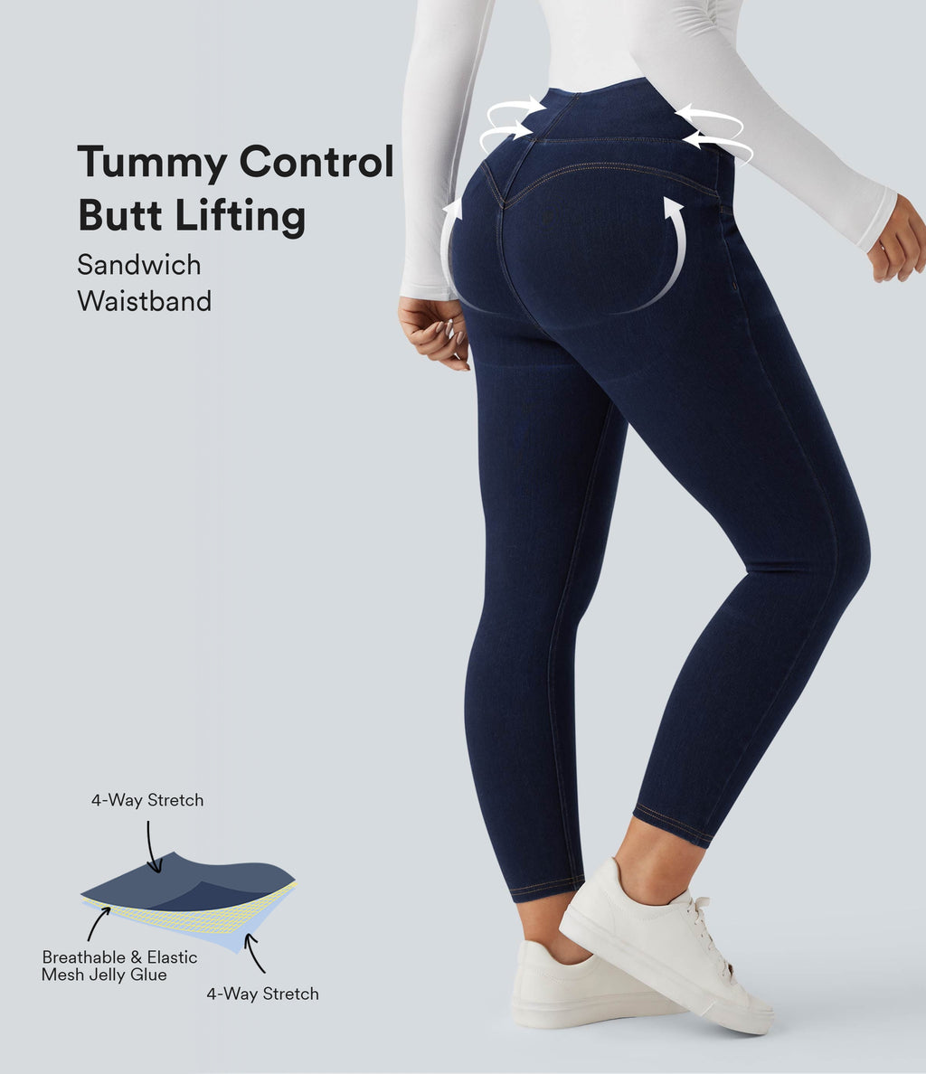 High Waisted Tummy Control Butt Lifting Denim Casual Leggings with Pockets — Pageant Blue Denim — view 1
