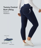 High Waisted Tummy Control Butt Lifting Denim Casual Leggings with Pockets — Pageant Blue Denim — view 1