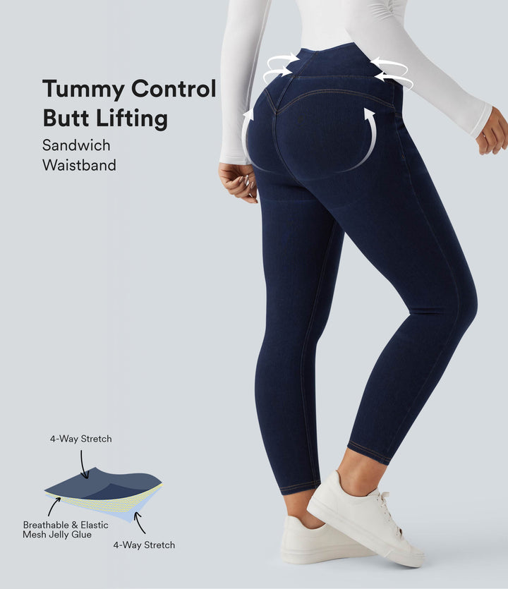 High Waisted Tummy Control Butt Lifting Denim Casual Leggings with Pockets — Pageant Blue Denim — view 1