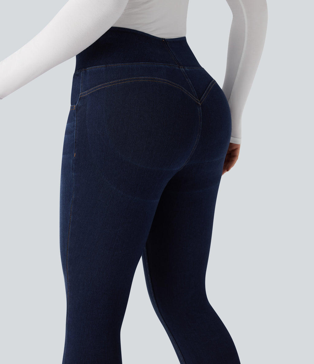 High Waisted Tummy Control Butt Lifting Denim Casual Leggings with Pockets — Pageant Blue Denim — view 4