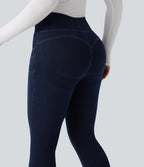 High Waisted Tummy Control Butt Lifting Denim Casual Leggings with Pockets — Pageant Blue Denim — view 4