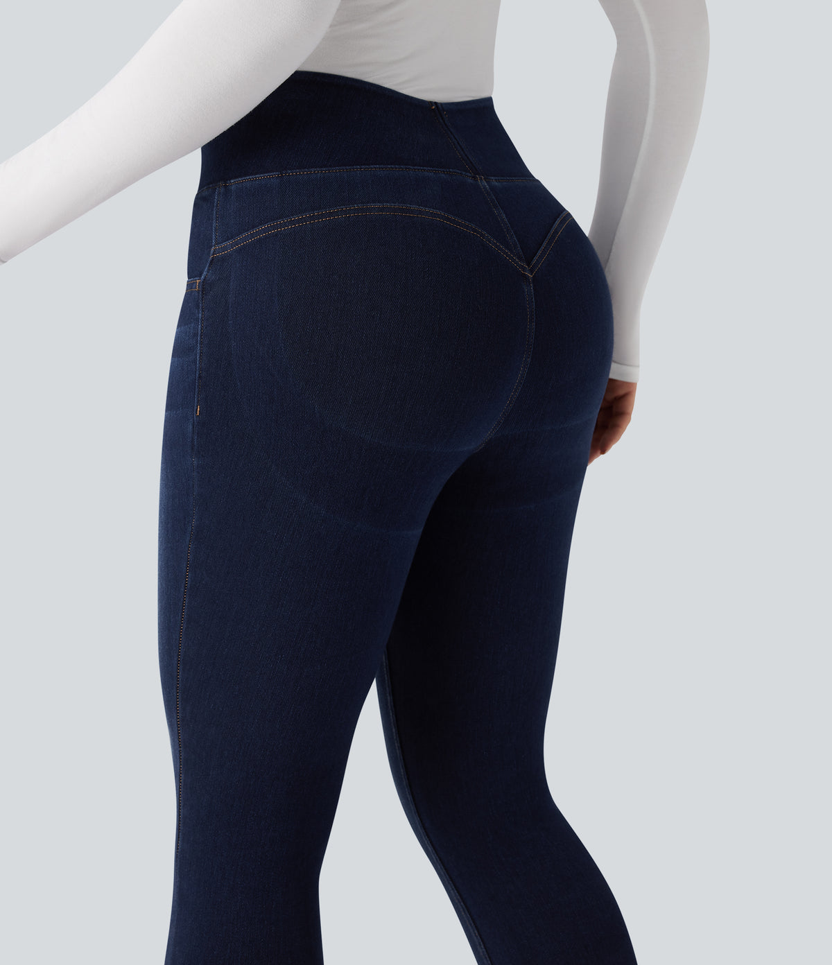 High Waisted Tummy Control Butt Lifting Denim Casual Leggings with Pockets — Pageant Blue Denim — view 4