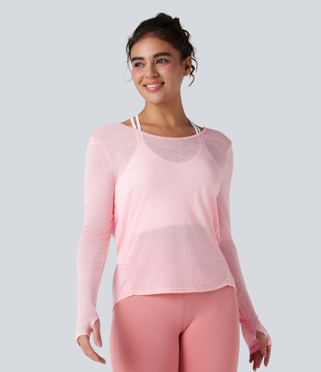 Twisted Backless Long Sleeve Thumb Holes Yoga Sports Top — Icy Pink — view 3