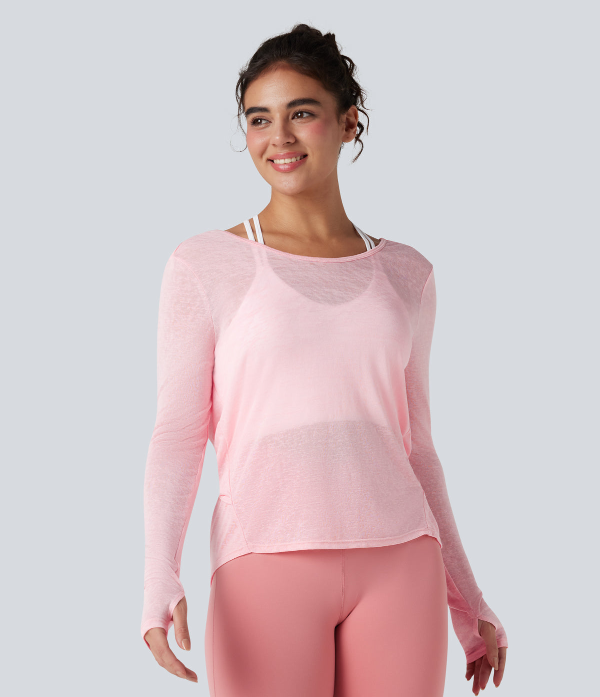 Twisted Backless Long Sleeve Thumb Holes Yoga Sports Top — Icy Pink — view 3