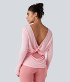Twisted Backless Long Sleeve Thumb Holes Yoga Sports Top — Icy Pink — view 2