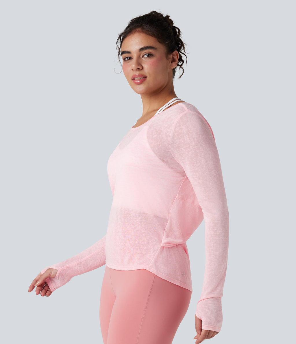 Twisted Backless Long Sleeve Thumb Holes Yoga Sports Top — Icy Pink — view 4
