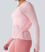 Twisted Backless Long Sleeve Thumb Holes Yoga Sports Top — Icy Pink — view 7