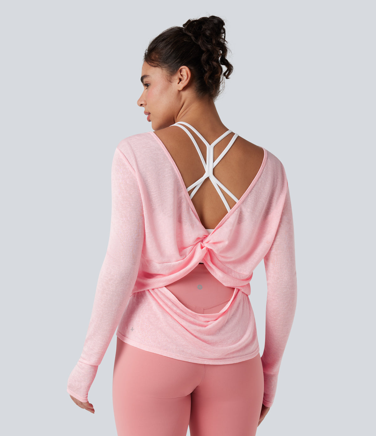 Twisted Backless Long Sleeve Thumb Holes Yoga Sports Top — Icy Pink — view 5