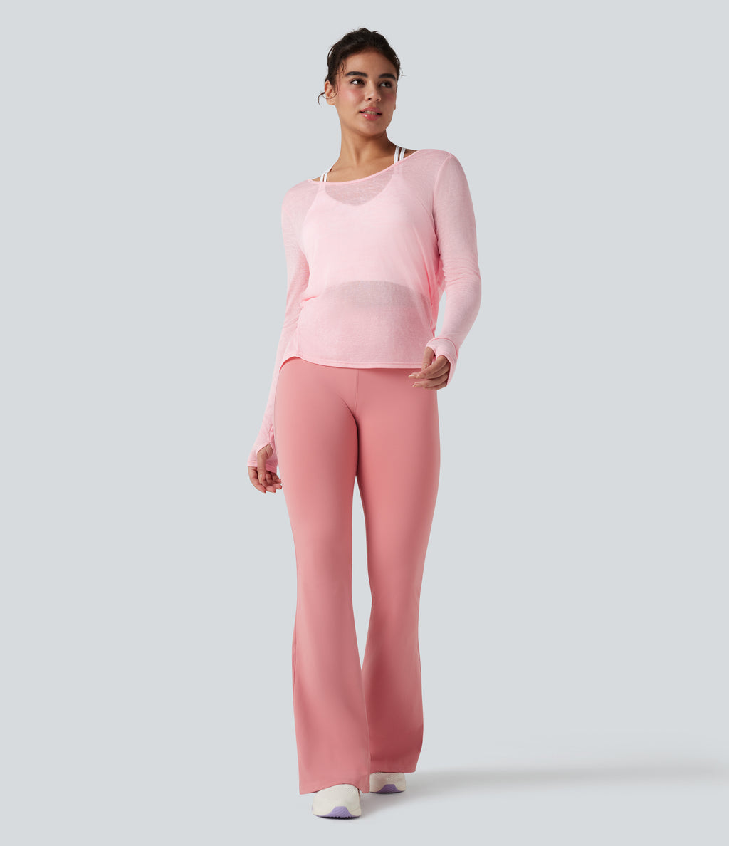 Twisted Backless Long Sleeve Thumb Holes Yoga Sports Top — Icy Pink — view 8