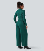 V-neck Zipper Long Sleeve Work Jumpsuit with Pockets — Bayberry — view 2