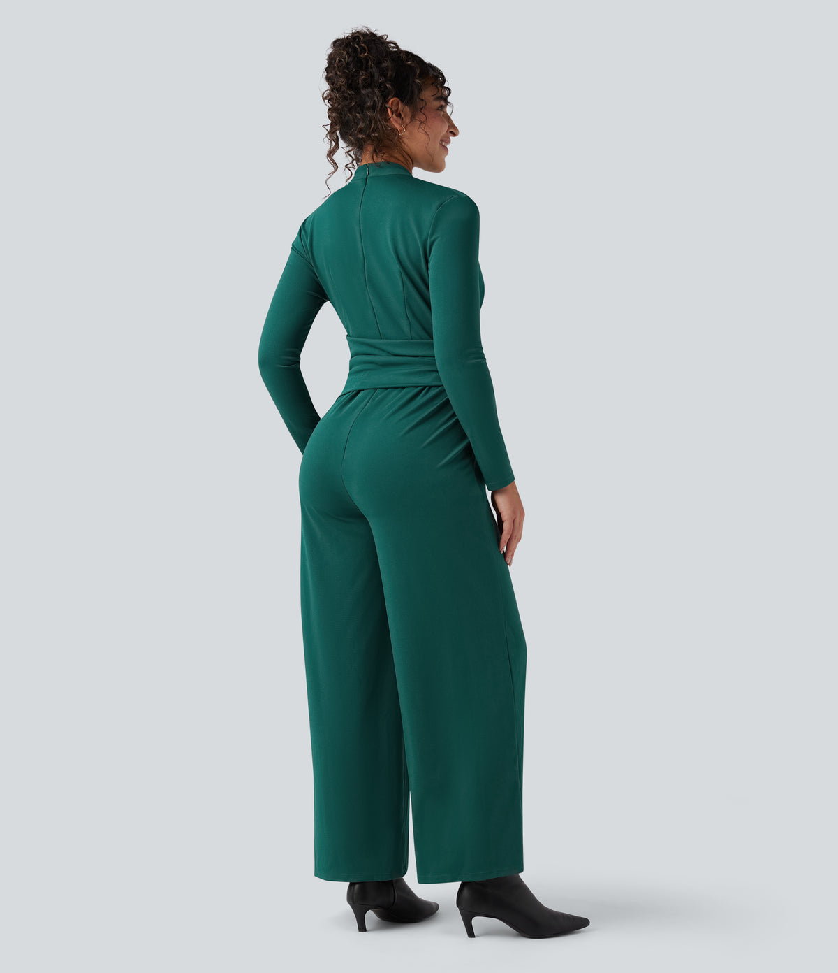V-neck Zipper Long Sleeve Work Jumpsuit with Pockets — Bayberry — view 2