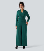 V-neck Zipper Long Sleeve Work Jumpsuit with Pockets — Bayberry — view 3