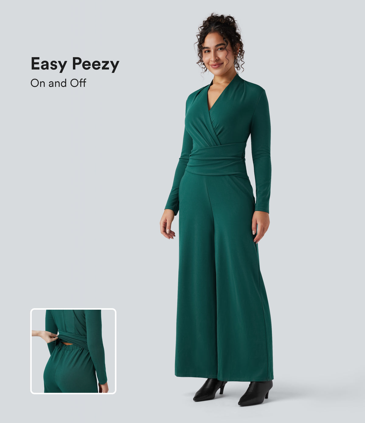V-neck Zipper Long Sleeve Work Jumpsuit with Pockets — Bayberry — view 1