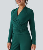 V-neck Zipper Long Sleeve Work Jumpsuit with Pockets — Bayberry — view 5