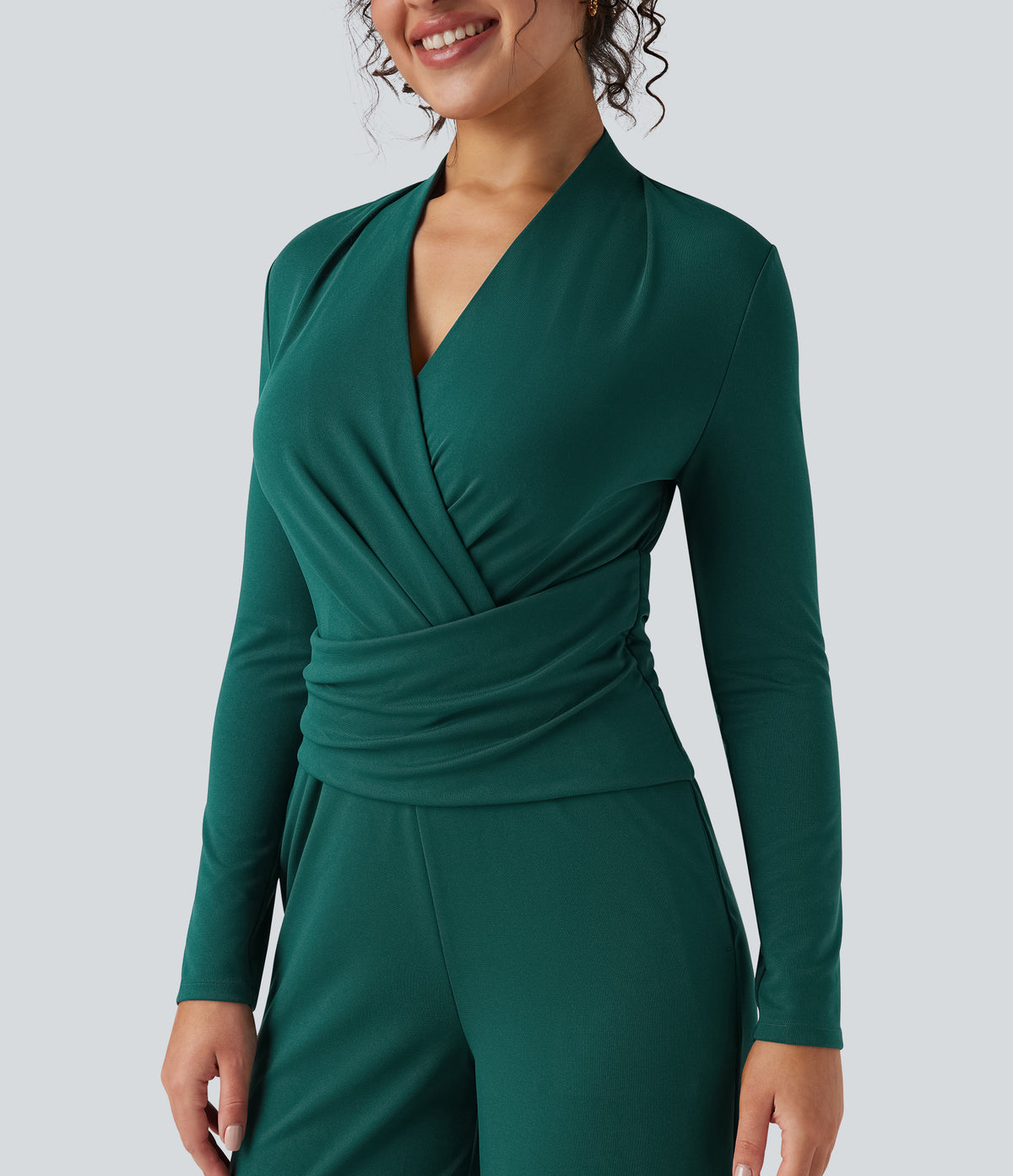 V-neck Zipper Long Sleeve Work Jumpsuit with Pockets — Bayberry — view 5
