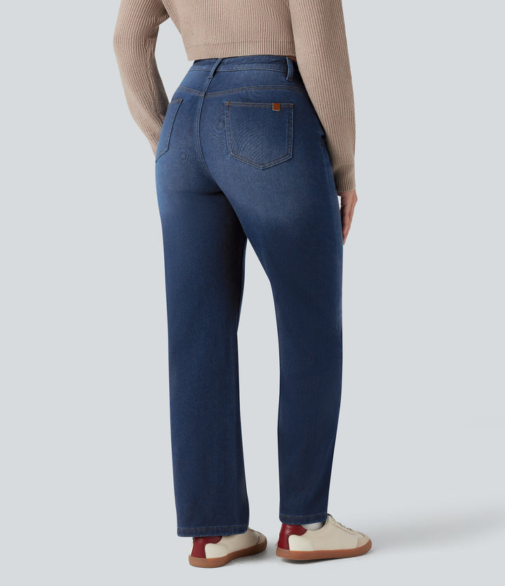 Denim Heat High Waisted Straight Leg Fleece Casual Jeans with Pockets — Estate Blue Denim — view 2