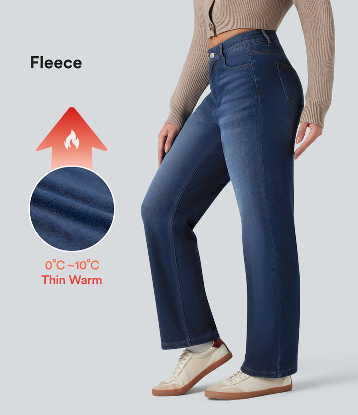 Denim Heat High Waisted Straight Leg Fleece Casual Jeans with Pockets — Estate Blue Denim — view 1