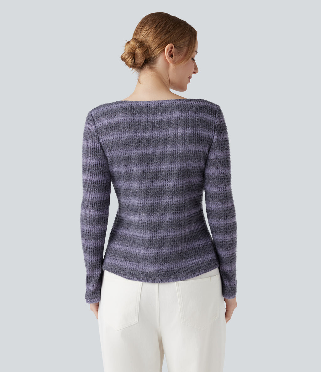 Scoop Neck Long Sleeve Waffle Gradient Stripe Knitted Casual T-Shirt — Shadow Plum — view 2