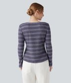 Scoop Neck Long Sleeve Waffle Gradient Stripe Knitted Casual T-Shirt — Shadow Plum — view 2