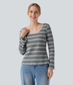 Scoop Neck Long Sleeve Waffle Gradient Stripe Knitted Casual T-Shirt — Silver Fog — view 6
