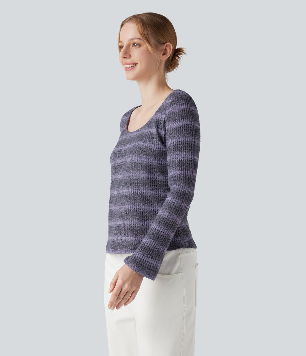 Scoop Neck Long Sleeve Waffle Gradient Stripe Knitted Casual T-Shirt — Shadow Plum — view 3