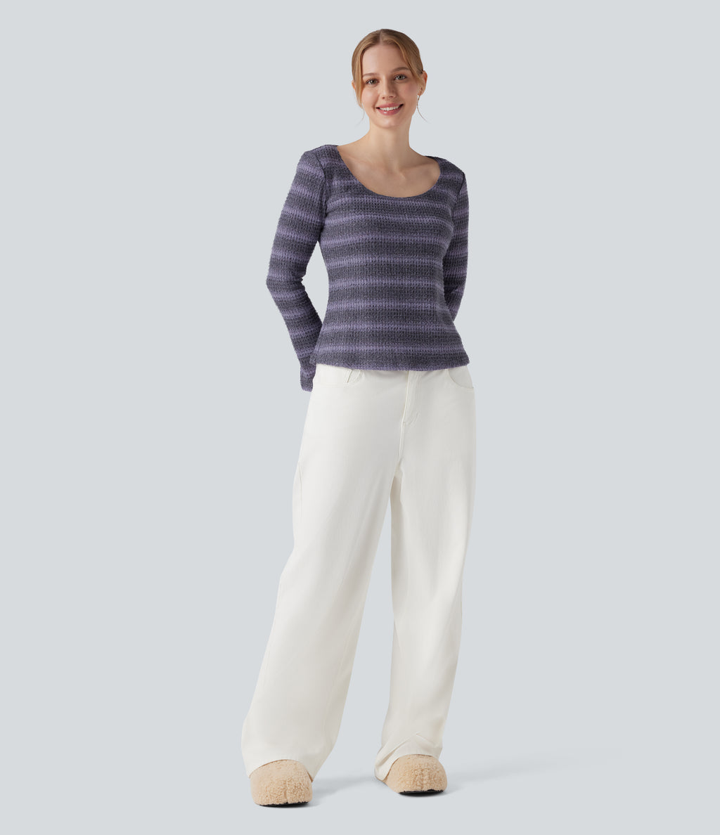 Scoop Neck Long Sleeve Waffle Gradient Stripe Knitted Casual T-Shirt — Shadow Plum — view 5