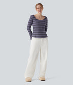 Scoop Neck Long Sleeve Waffle Gradient Stripe Knitted Casual T-Shirt — Shadow Plum — view 5