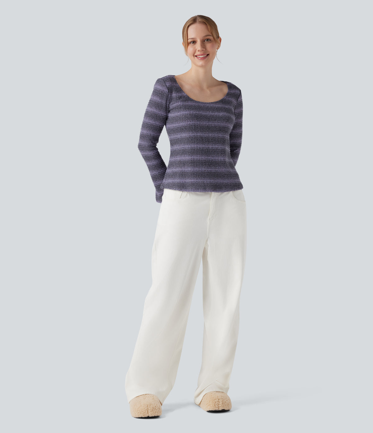 Scoop Neck Long Sleeve Waffle Gradient Stripe Knitted Casual T-Shirt — Shadow Plum — view 5