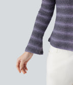 Scoop Neck Long Sleeve Waffle Gradient Stripe Knitted Casual T-Shirt — Shadow Plum — view 4