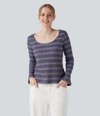 Scoop Neck Long Sleeve Waffle Gradient Stripe Knitted Casual T-Shirt — Shadow Plum — view 1