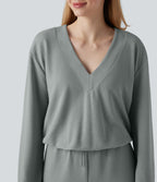 V-neck Long Sleeve Drawstring Casual Jumpsuit with Pockets — Belgian Block — view 5
