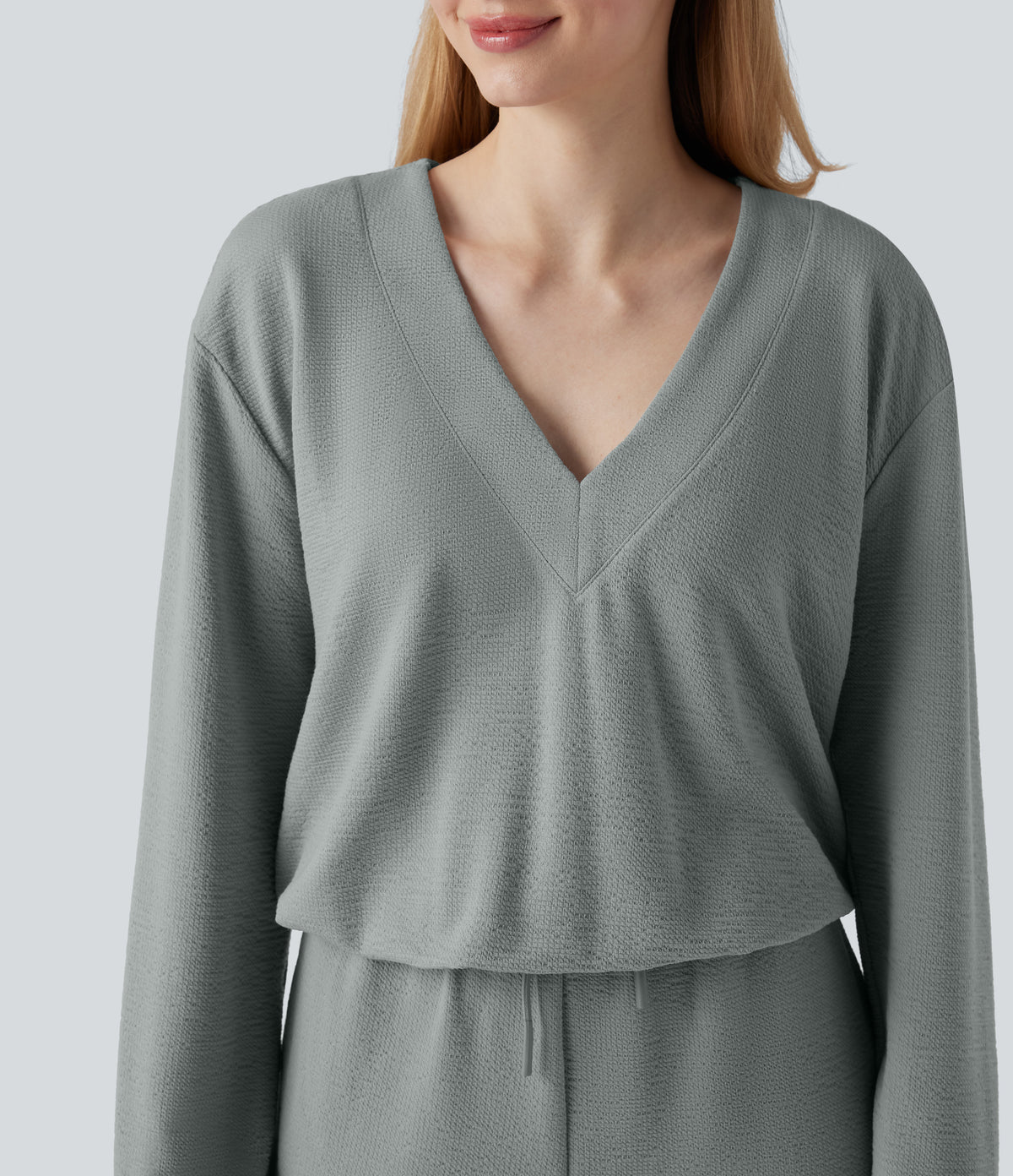 V-neck Long Sleeve Drawstring Casual Jumpsuit with Pockets — Belgian Block — view 5