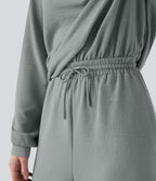 V-neck Long Sleeve Drawstring Casual Jumpsuit with Pockets — Belgian Block — view 7