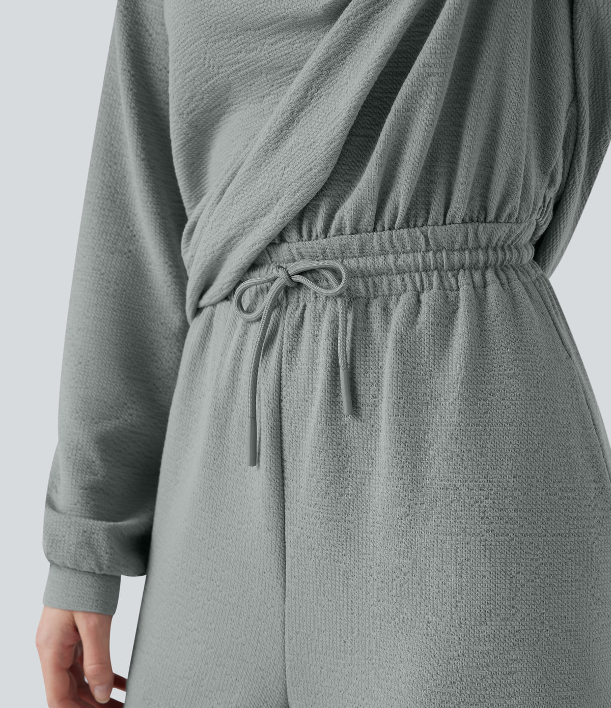 V-neck Long Sleeve Drawstring Casual Jumpsuit with Pockets — Belgian Block — view 7