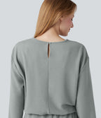 V-neck Long Sleeve Drawstring Casual Jumpsuit with Pockets — Belgian Block — view 6